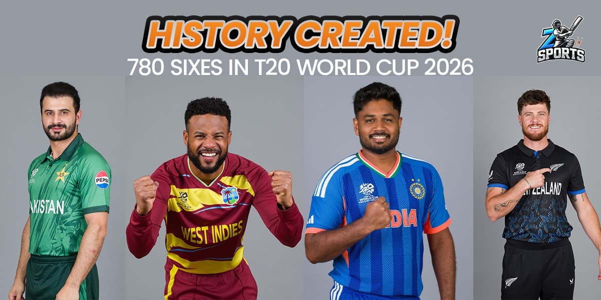 A promotional graphic titled "HISTORY CREATED!" celebrating 780 total sixes hit during the T20 World Cup 2026. It features players from Pakistan, West Indies, India, and New Zealand in their national jerseys posing triumphantly.