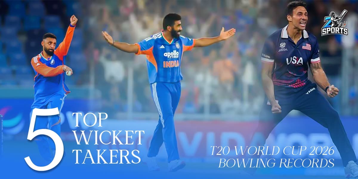 An infographic titled "5 TOP WICKET TAKERS T20 WORLD CUP 2026 BOWLING RECORDS" featuring images of three cricket players celebrating on the field.