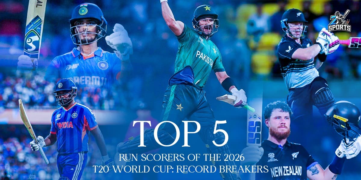 An infographic titled "TOP 5 RUN SCORERS OF THE 2026 T20 WORLD CUP: RECORD BREAKERS" featuring a collage of elite cricketers. The image showcases Sahibzada Farhan in Pakistan's green jersey celebrating alongside players from India and New Zealand in their team kits.