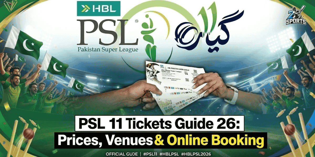 An advertising graphic for Pakistan Super League (PSL) 11 tickets featuring two hands holding a match ticket against a crowded stadium backdrop. Large text at the bottom reads "PSL 11 Tickets Guide 26: Prices, Venues & Online Booking" alongside various league and sponsor logos.
