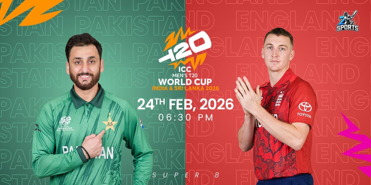 A promotional poster for the ICC Men’s T20 World Cup 2026 featuring a Pakistan player in green and a...