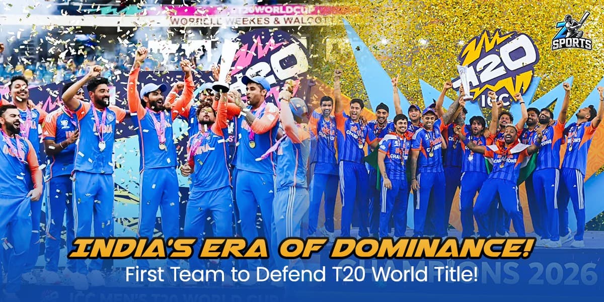Team India cricketers celebrating with the ICC Men's T20 World Cup trophy after becoming the first team to defend the title in 2026."