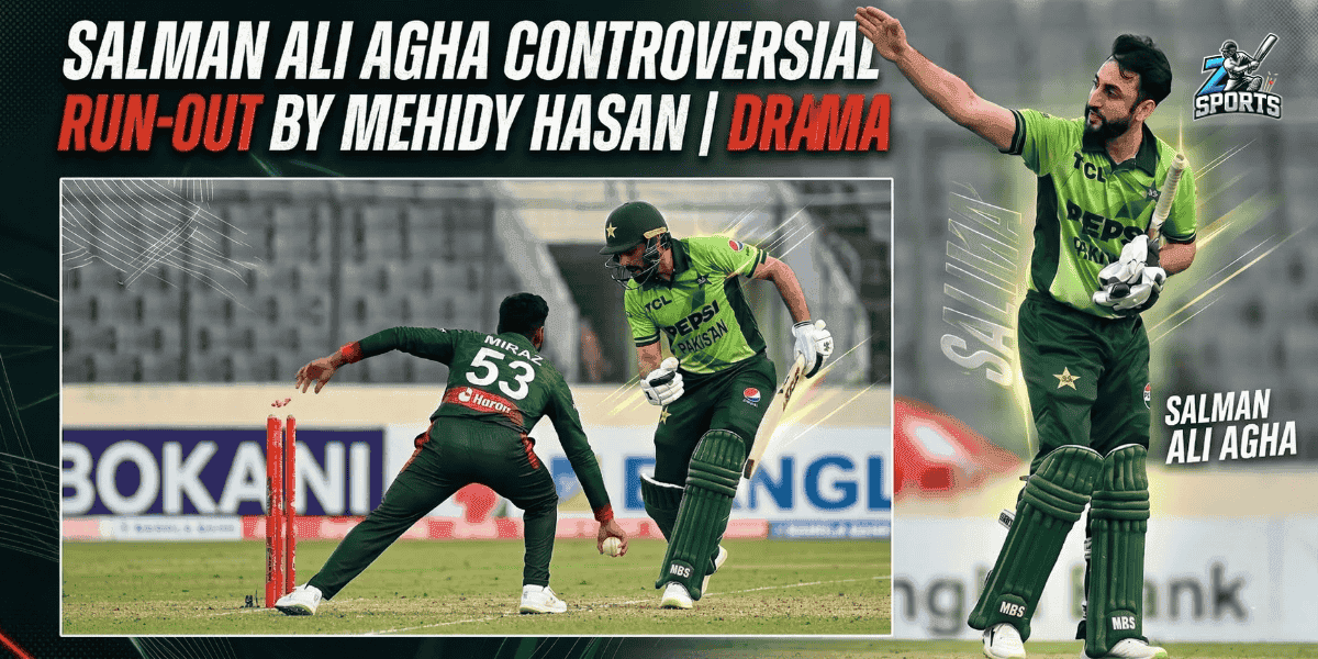A split-pane graphic showing Pakistani cricketer Salman Ali Agha being run out by Bangladesh's Mehidy Hasan Miraz during a match. The left side captures the moment the bails are whipped off, while the right side shows a full-length photo of Salman Ali Agha.