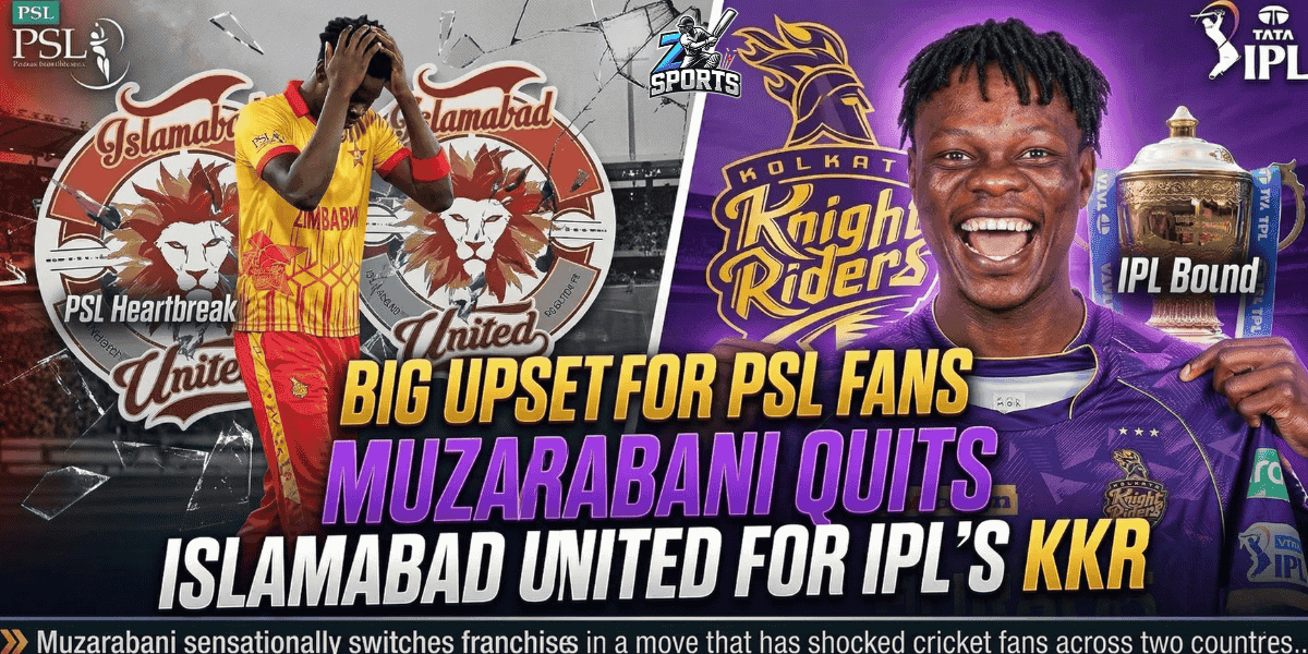 An image showing Blessing Muzarabani switching from Islamabad United (PSL) to Kolkata Knight Riders (IPL) with a "Big Upset" headline. It features team logos, the IPL trophy, and Muzarabani in both team kits.