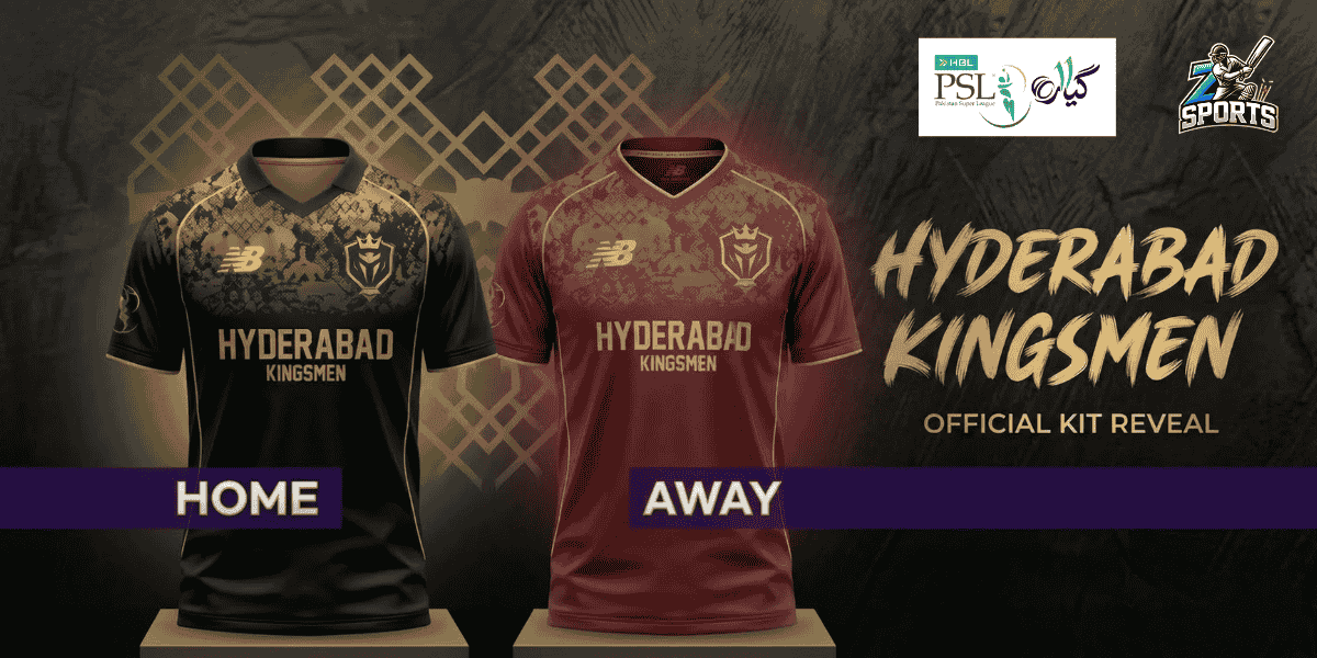 Official reveal of the Hyderabad Kingsmen 2026 Home and Away kits featuring a black and gold home jersey and a maroon away jersey with gold accents.